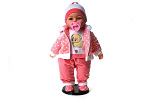 LALKA BOBAS 45cm z polskim dź, różowa kropki owiec