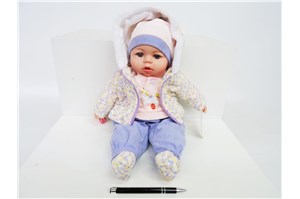*LALKA BOBAS, 45 cm, dźw., fioletowo-róż. ubranie