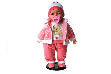 LALKA BOBAS 45cm z polskim dź, różowa kropki owiec