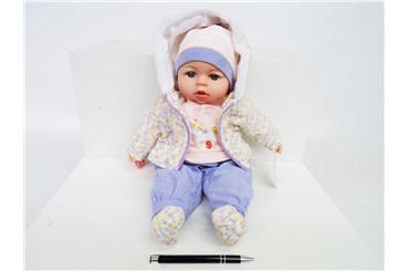 *LALKA BOBAS, 45 cm, dźw., fioletowo-róż. ubranie