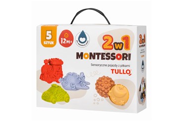 MONTESSORI Sensoryczne pojazdy z piłkami 5 sztuk,