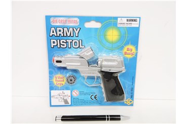 PISTOLET metal. na spłonkę, krótki, sreb,   blist.