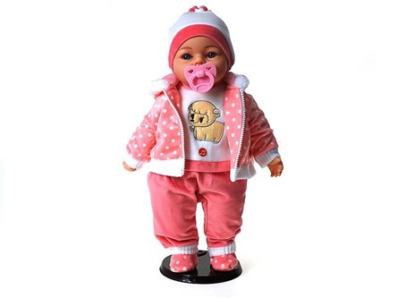 LALKA BOBAS 45cm z polskim dź, różowa kropki owiec