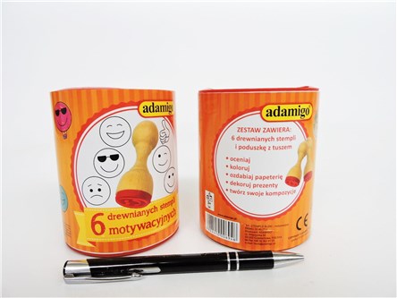 STEMPLE MOTYWACYJNE, drewno, buźki, puszka, 3+