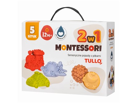 MONTESSORI Sensoryczne pojazdy z piłkami 5 sztuk,