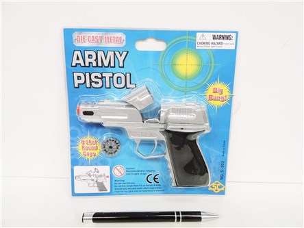 PISTOLET metal. na spłonkę, krótki, sreb,   blist.