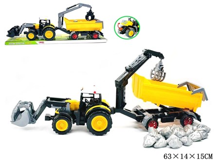 Traktor z przyczepą żółtą i kamieniami klosz