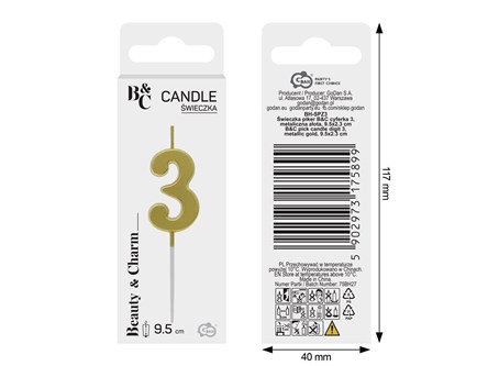 ŚWIECZKA piker B&C, cyferka 3, metal. złota