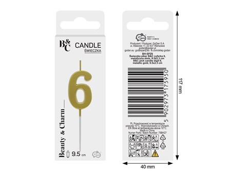 ŚWIECZKA piker B&C, cyferka 6, metal. złota