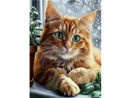 MOZAIKA d. DIAMENTOWA 40x30 cm , rudy kot na oknie